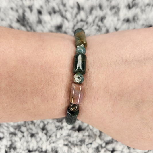 Moss Agate Barrel Bead Bracelet