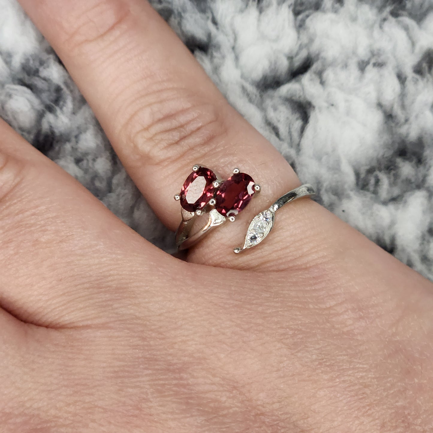 Front Adjusting Garnet and Leaf Ring