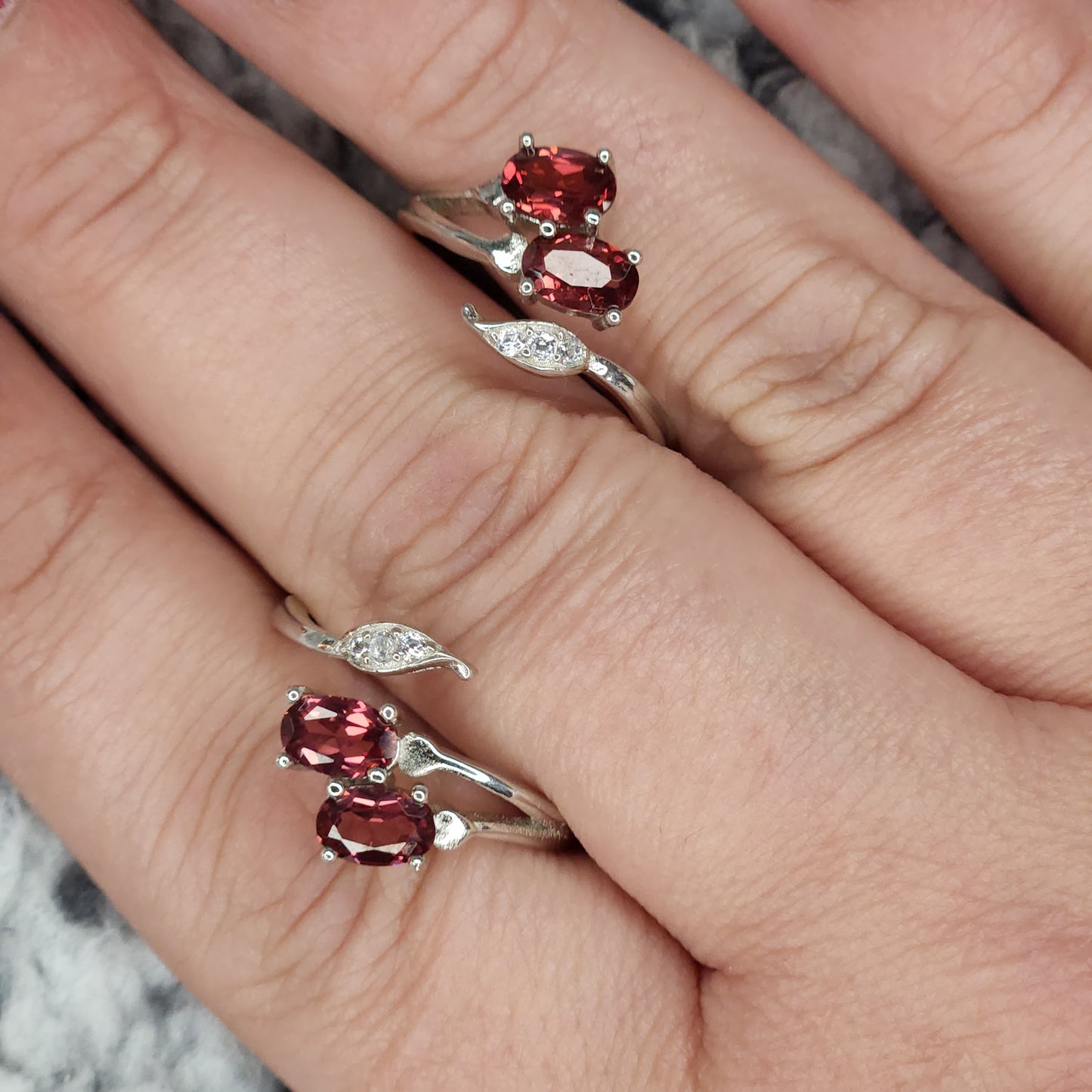 Front Adjusting Garnet and Leaf Ring