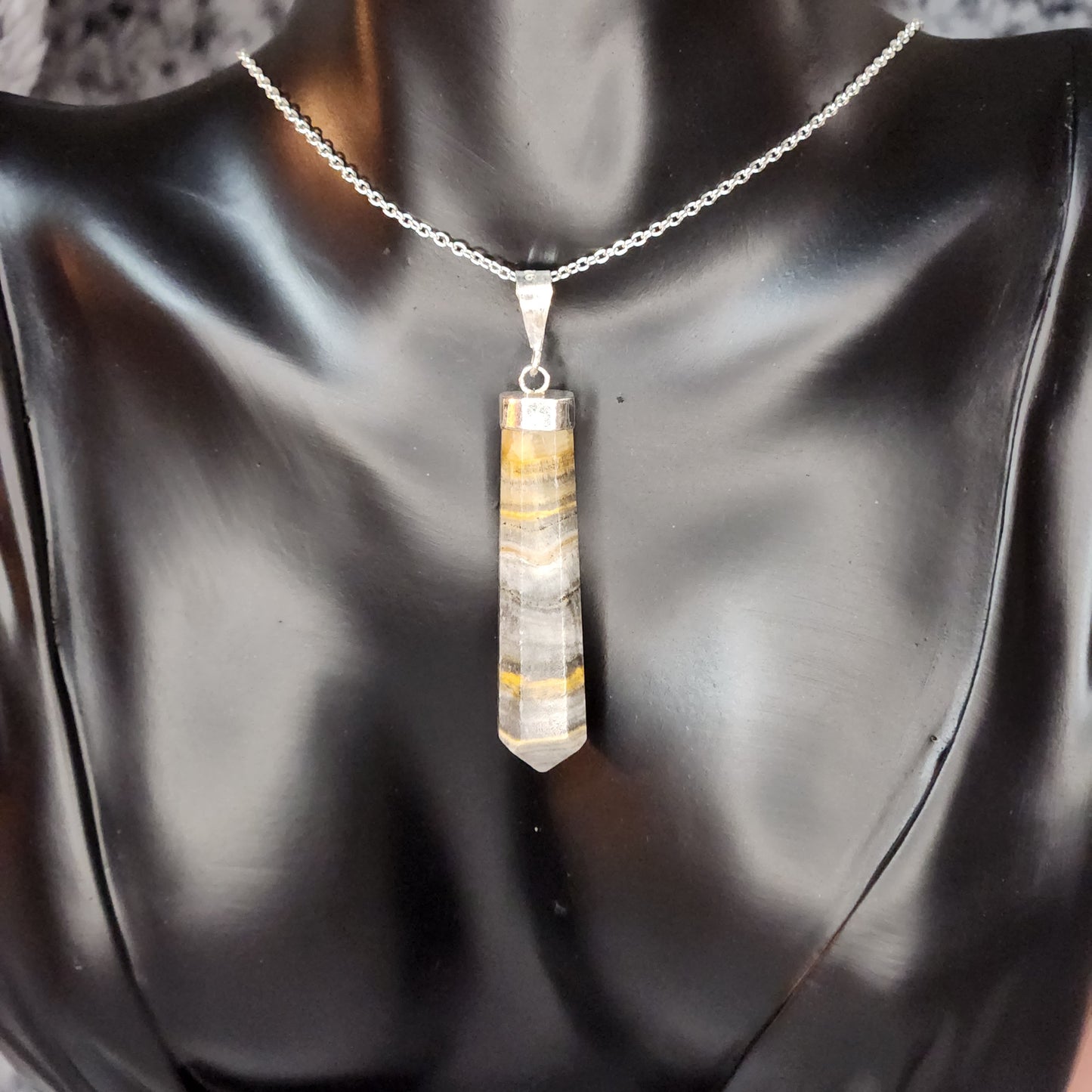 Black and Yellow Banded Calcite.925 Sterling Silver Necklace