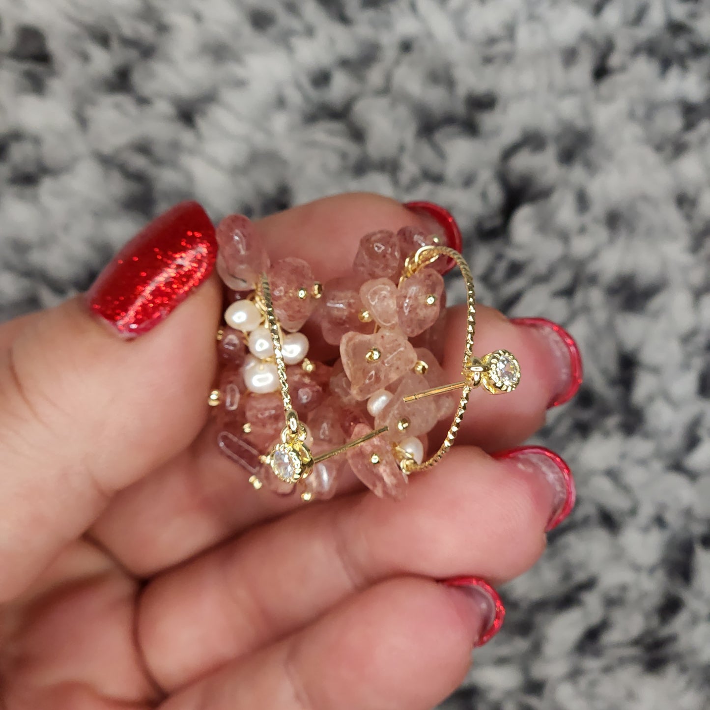Strawberry Quartz and Freshwater Pearl Post Earrings