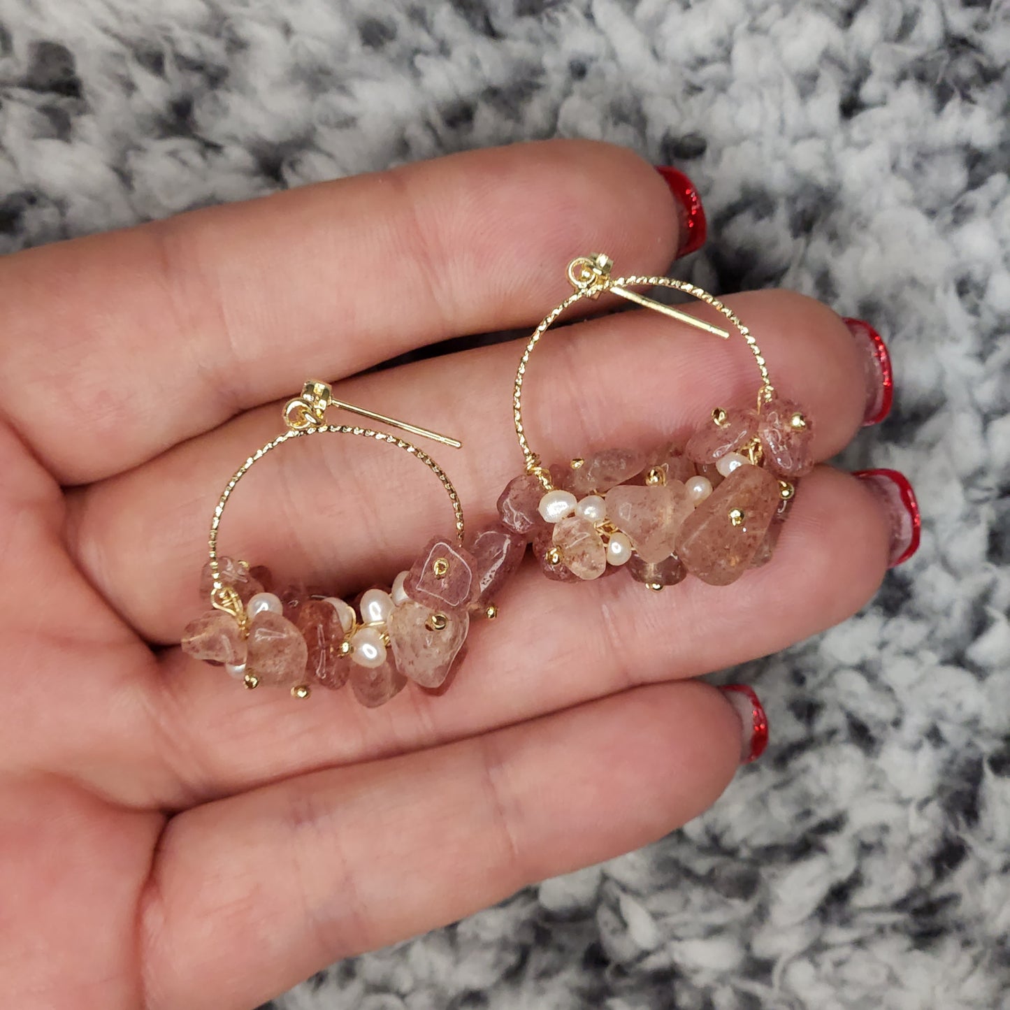 Strawberry Quartz and Freshwater Pearl Post Earrings